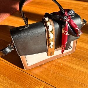 Aldo Black/Brown/Beige Handbag with Scarf Accent. NEW but no tags